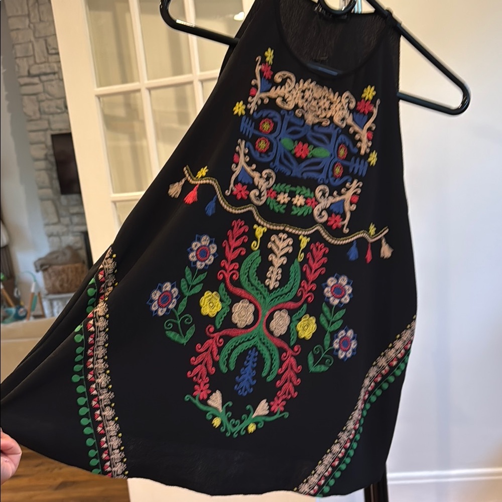 Zara Black Tank Top with Multicolor Embroidery